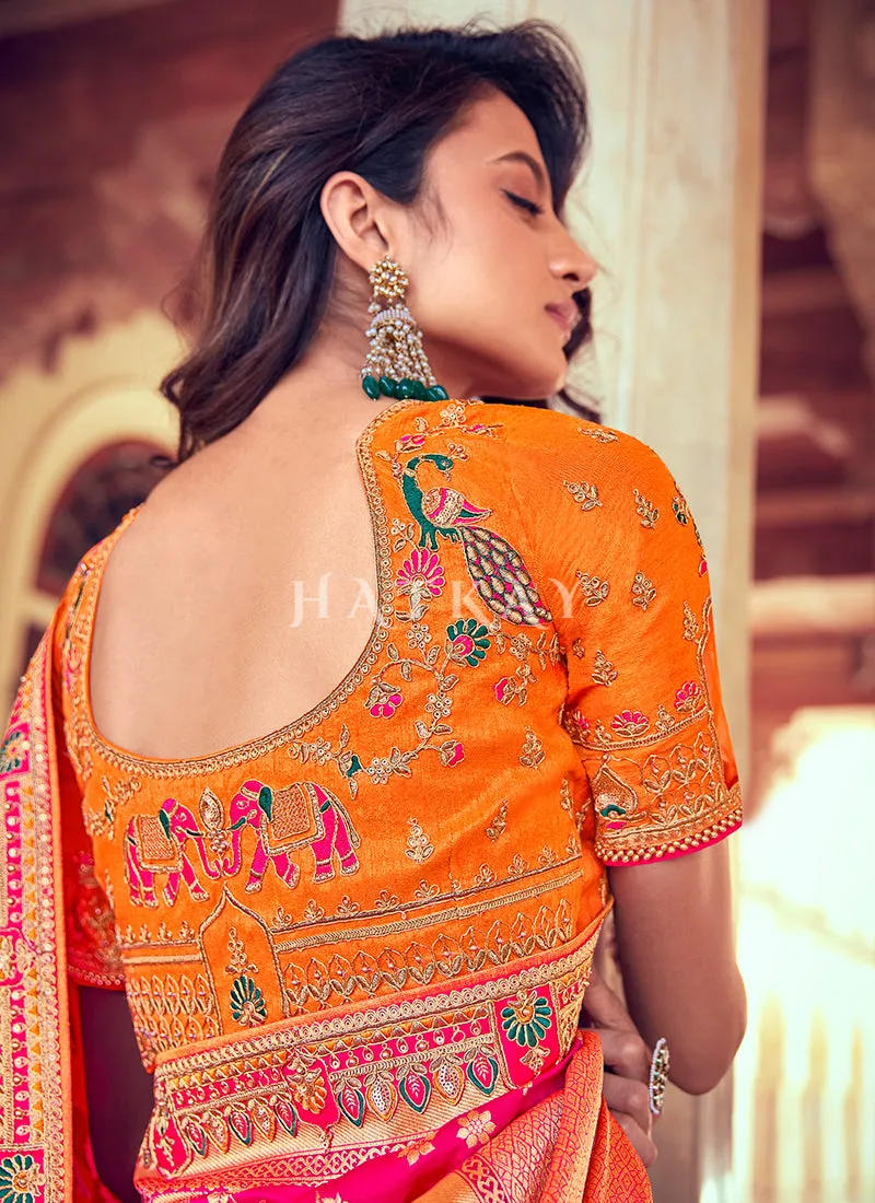 Orange And Pink Embroidered Silk Wedding Lehenga Choli