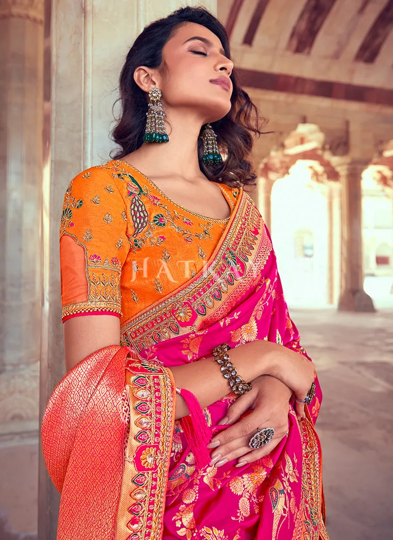 Orange And Pink Embroidered Silk Wedding Lehenga Choli