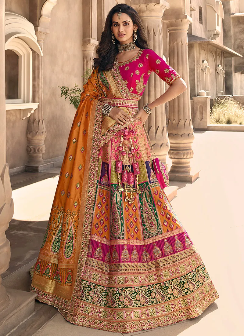 Orange Multi Embroidery Wedding Lehenga Choli With Belt
