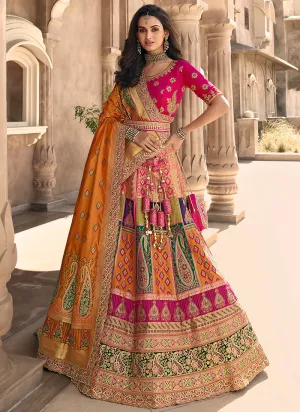 Orange Multi Embroidery Wedding Lehenga Choli With Belt