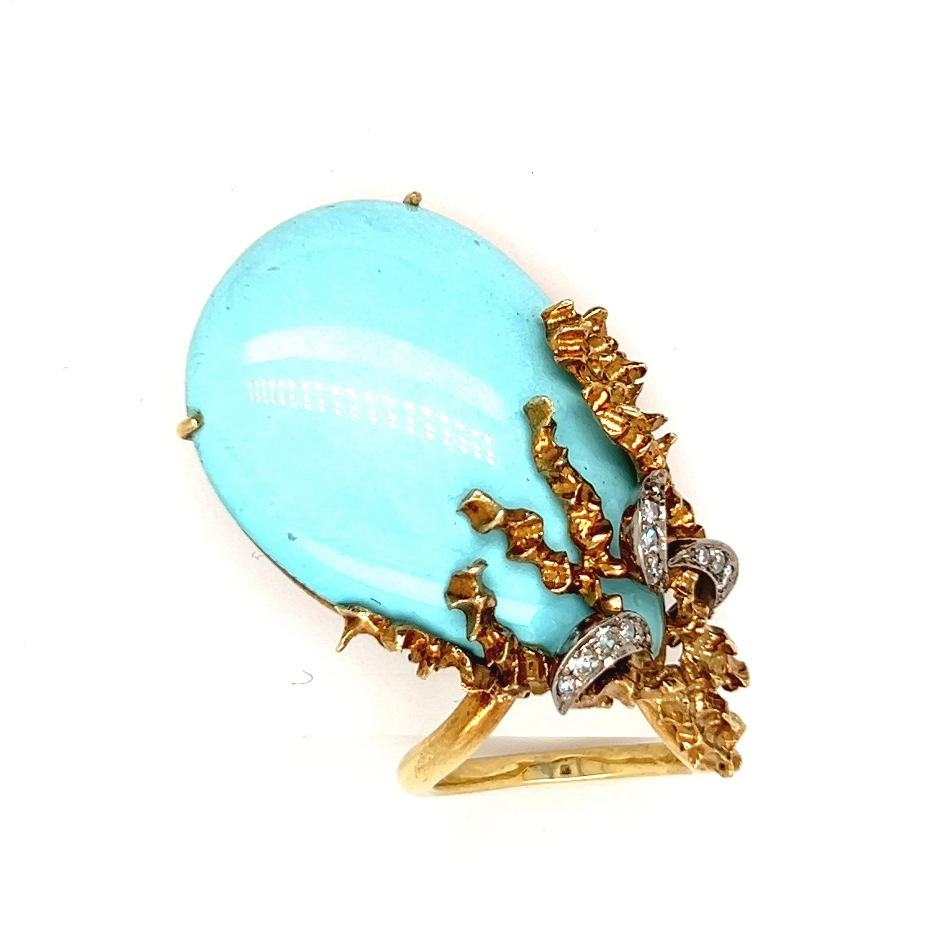 Organic Antique 14K Yellow Gold Diamond and Turquoise Ring.