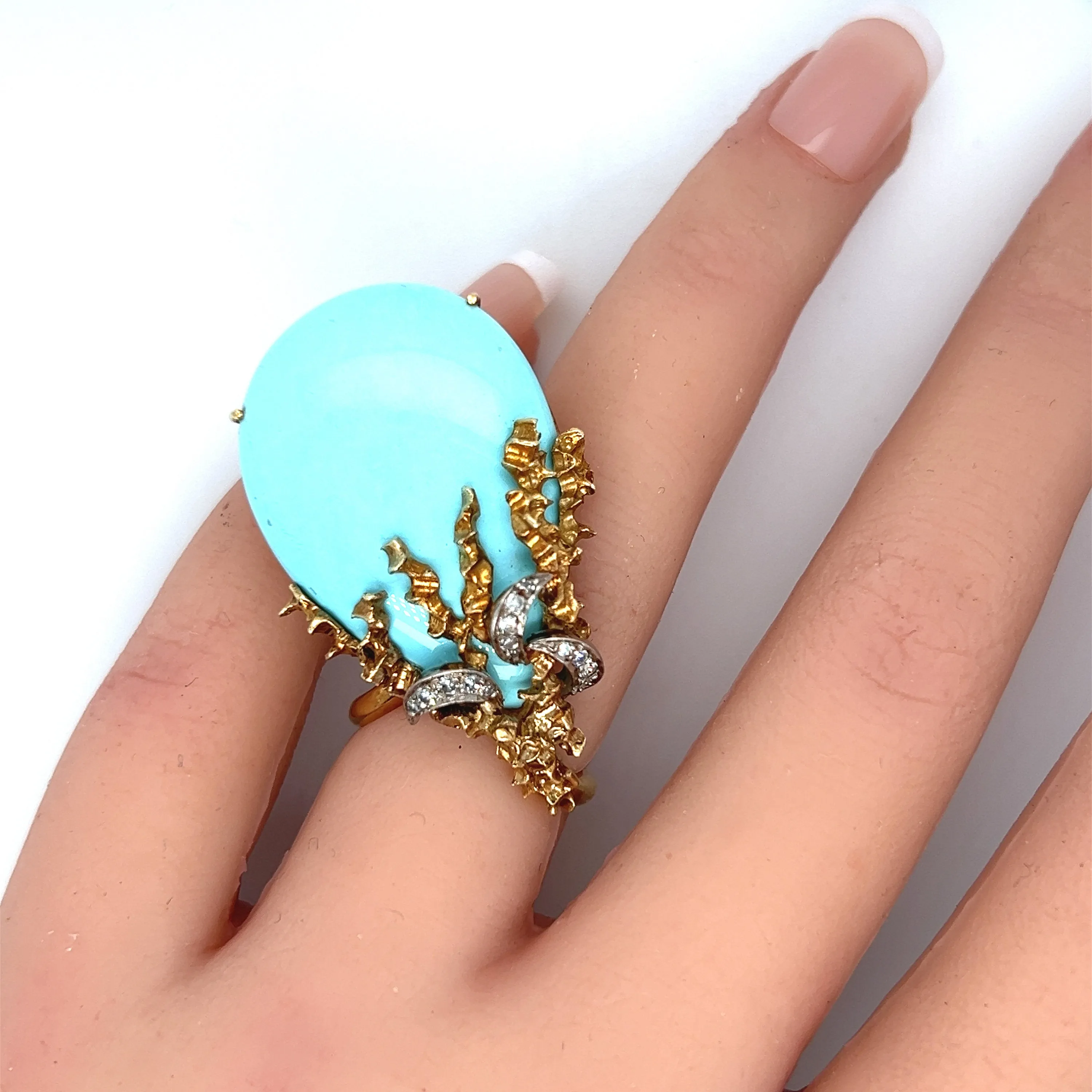 Organic Antique 14K Yellow Gold Diamond and Turquoise Ring.