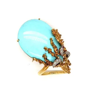 Organic Antique 14K Yellow Gold Diamond and Turquoise Ring.