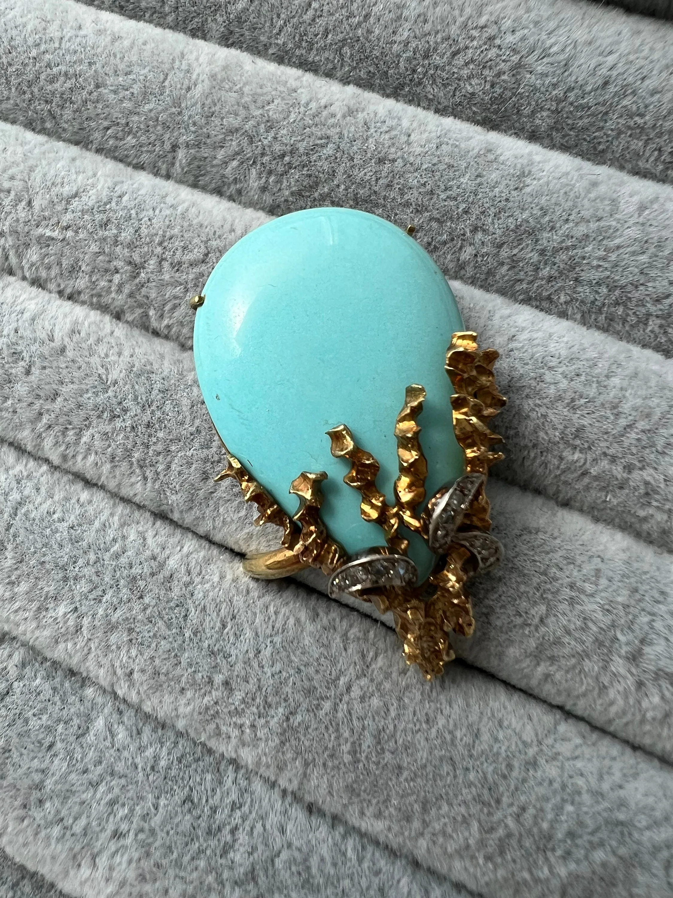 Organic Antique 14K Yellow Gold Diamond and Turquoise Ring.