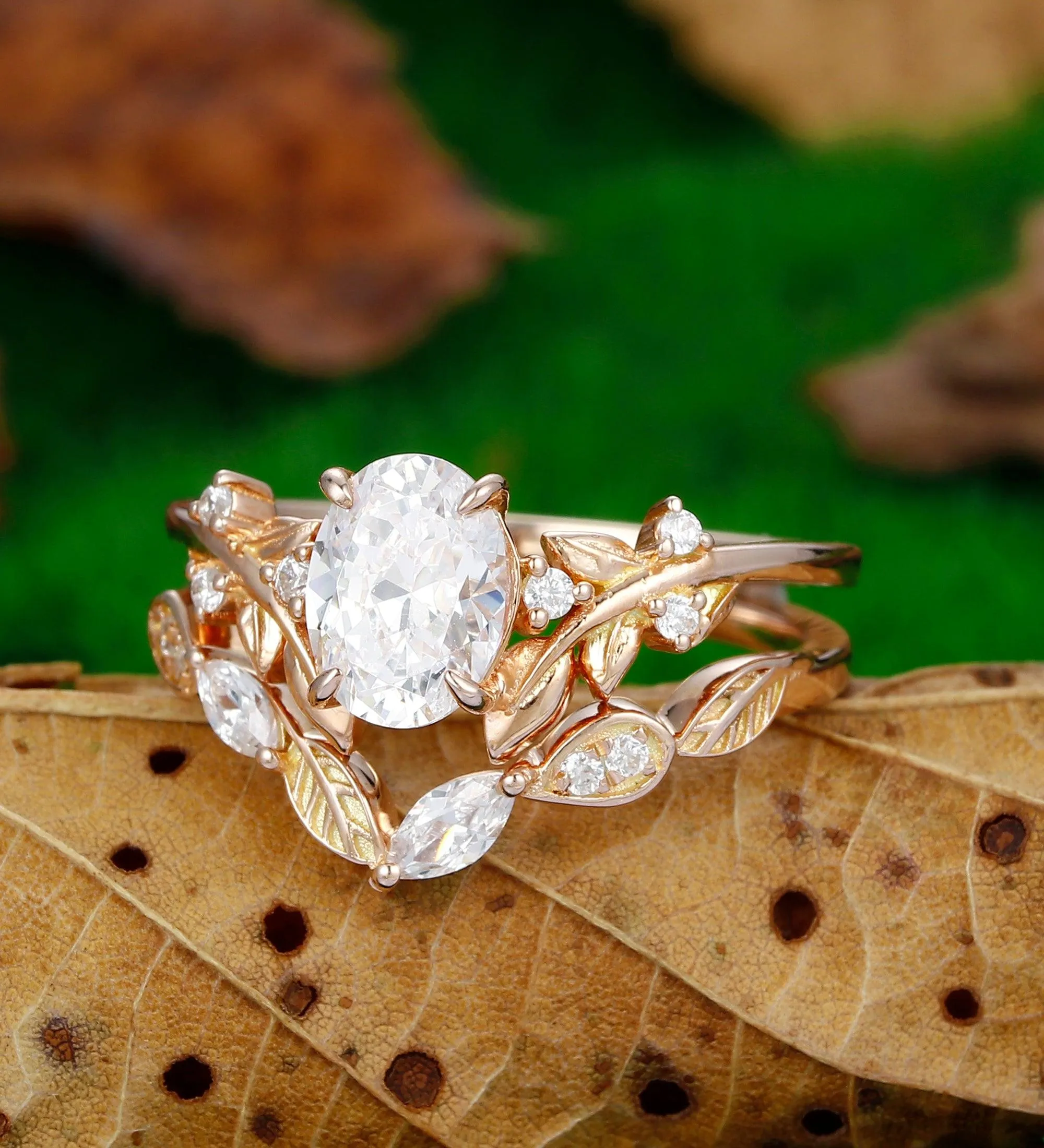 Oval Shaped 1.5CT  Rose Gold Leaf Nature Inspired Moissanite Engagement Ring Set