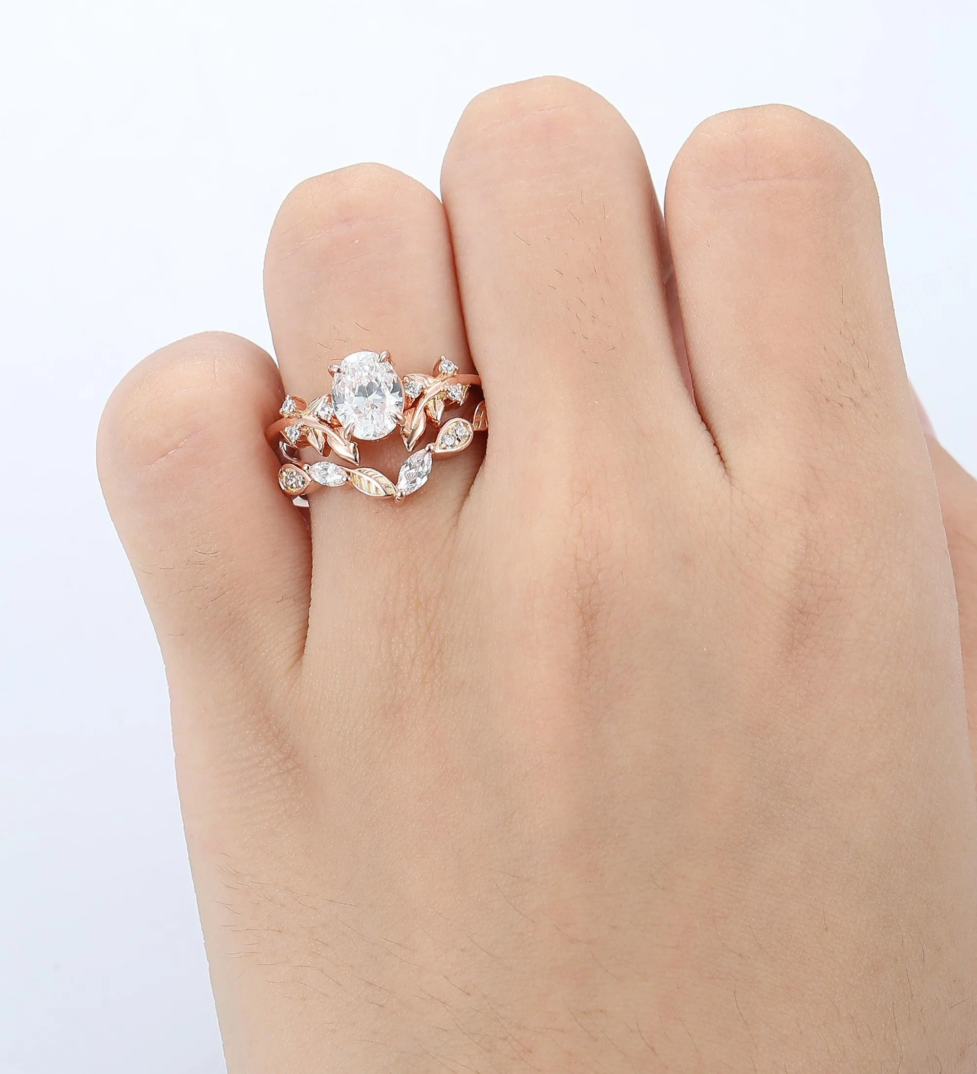 Oval Shaped 1.5CT  Rose Gold Leaf Nature Inspired Moissanite Engagement Ring Set