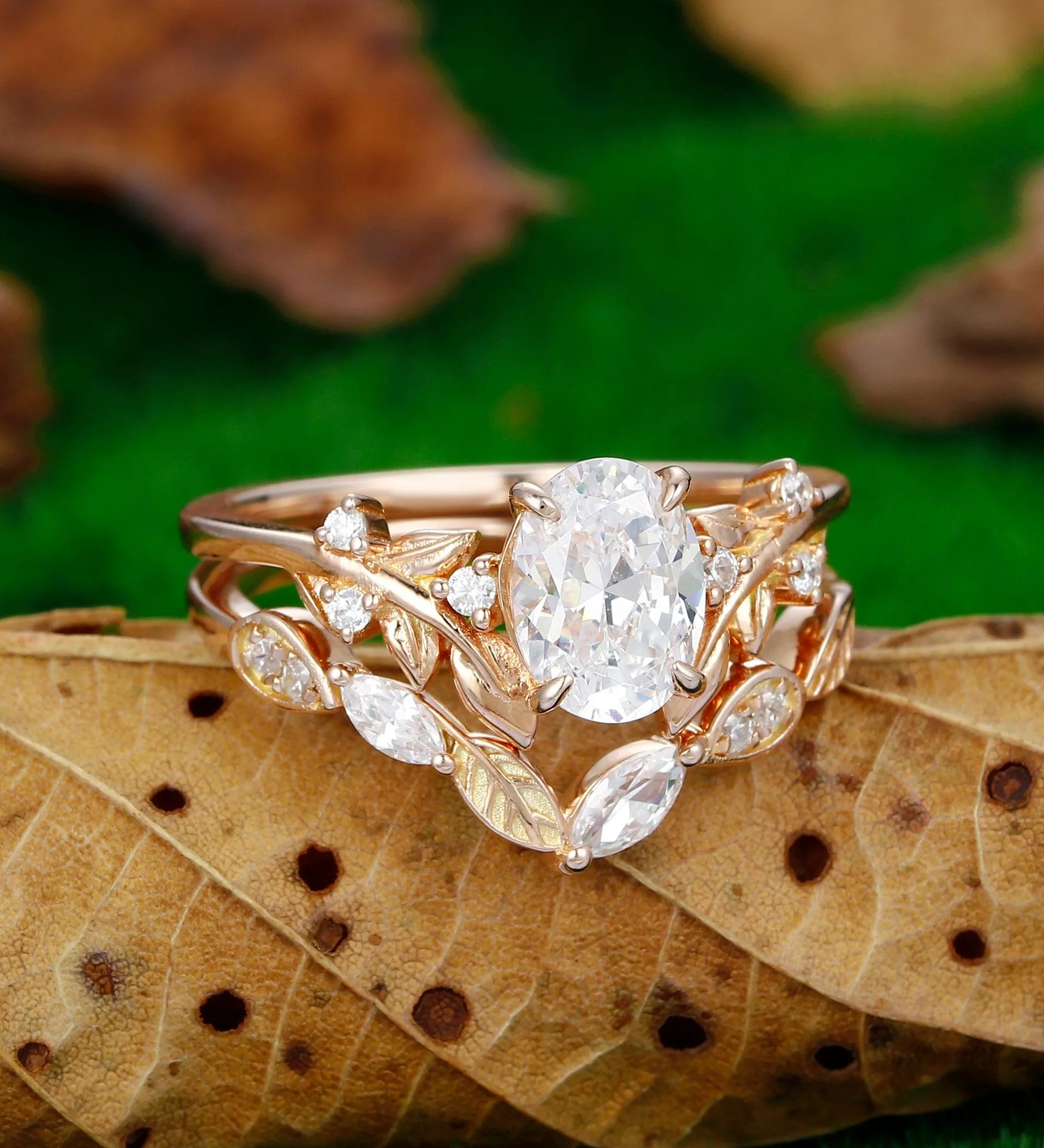 Oval Shaped 1.5CT  Rose Gold Leaf Nature Inspired Moissanite Engagement Ring Set