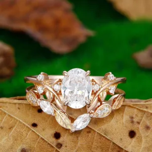 Oval Shaped 1.5CT  Rose Gold Leaf Nature Inspired Moissanite Engagement Ring Set