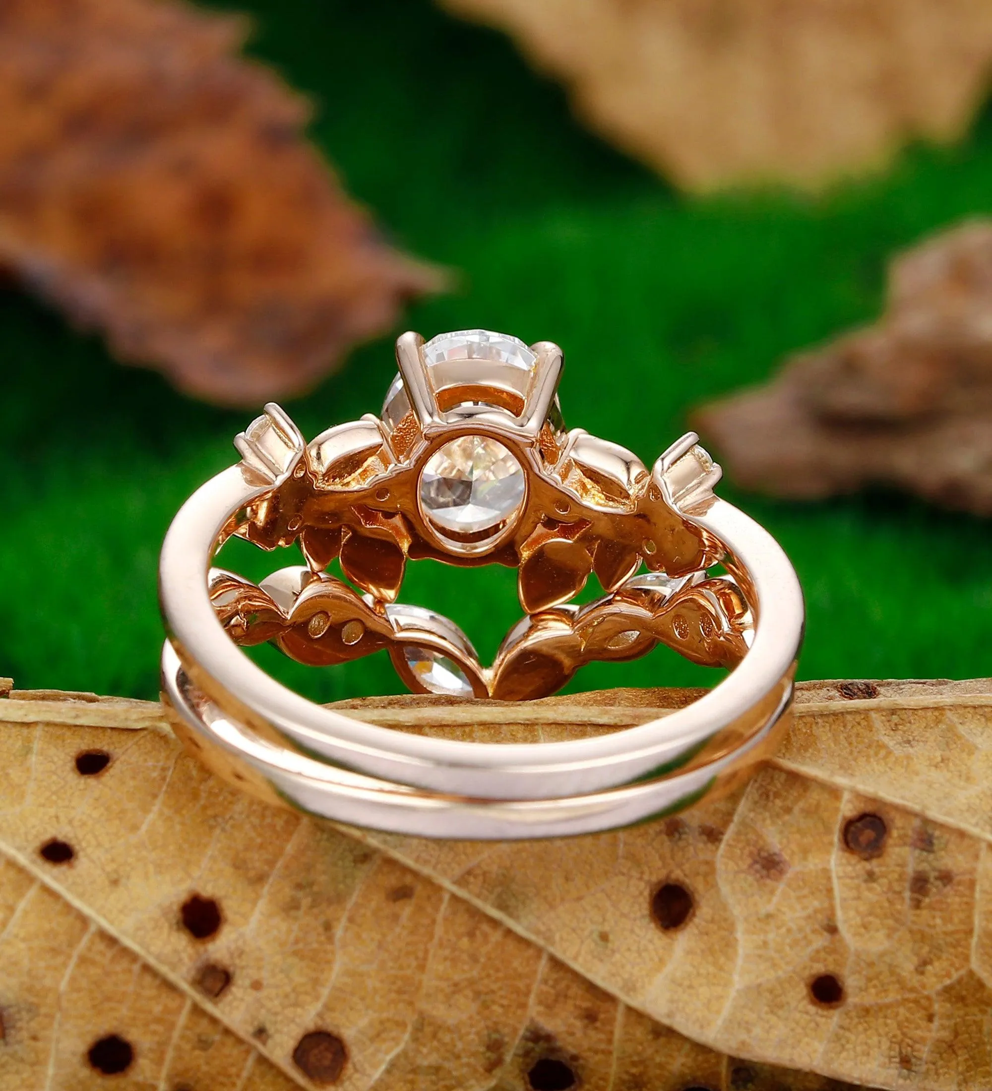 Oval Shaped 1.5CT  Rose Gold Leaf Nature Inspired Moissanite Engagement Ring Set