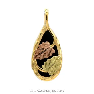 Pear Cut Black Onyx Two Tone Leaf Designed Pendant in 10k Yellow and Rose Gold
