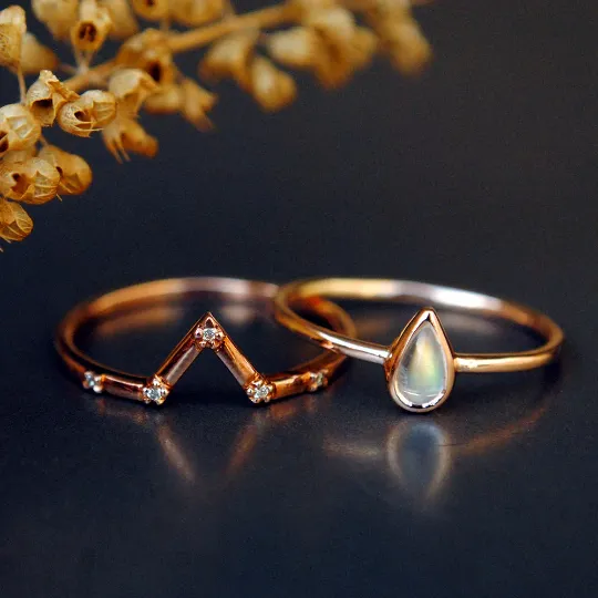 Pear Moonstone and V Pave Set Diamond Wedding Ring Set