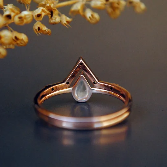 Pear Moonstone and V Pave Set Diamond Wedding Ring Set