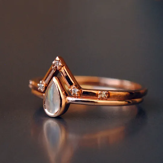 Pear Moonstone and V Pave Set Diamond Wedding Ring Set