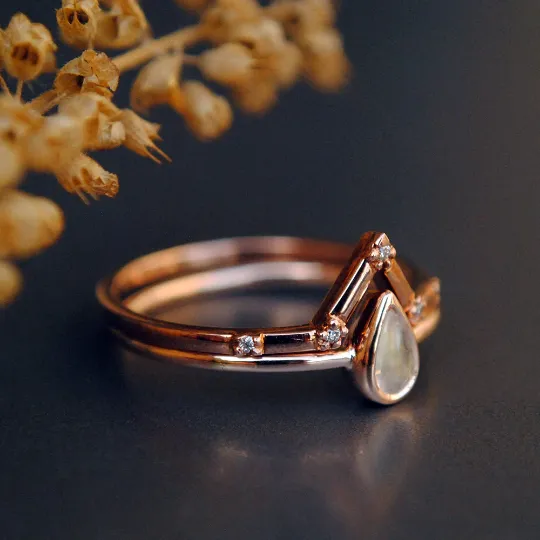Pear Moonstone and V Pave Set Diamond Wedding Ring Set