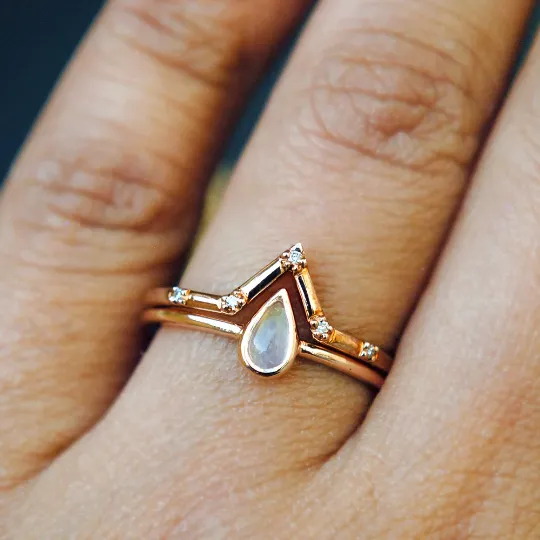 Pear Moonstone and V Pave Set Diamond Wedding Ring Set