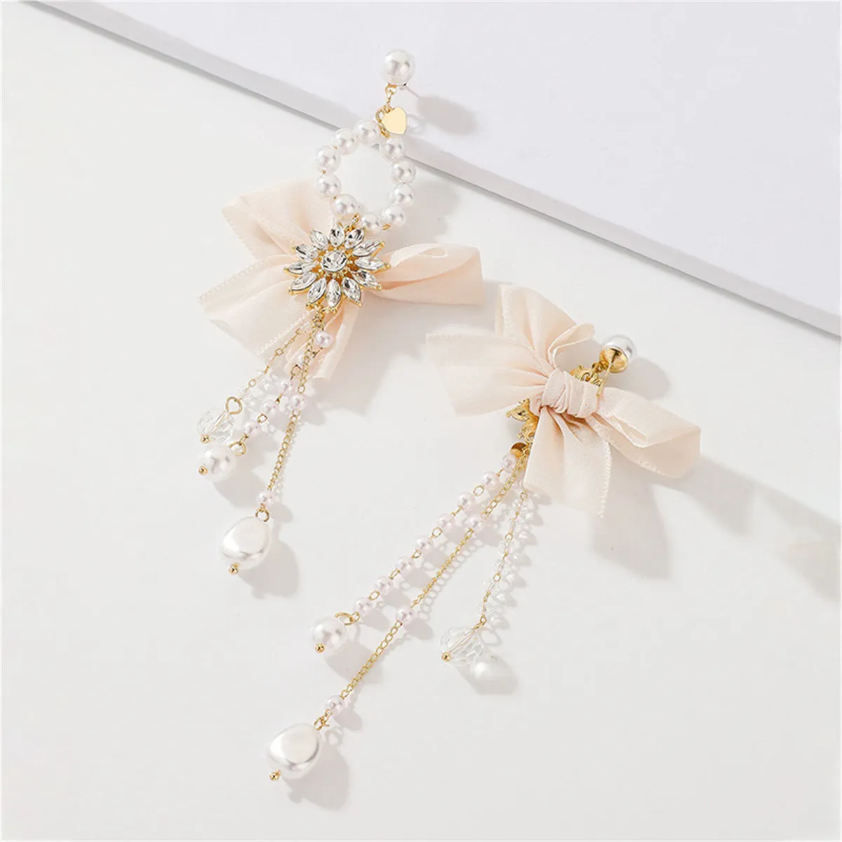 Pearl & Crystal Pearl 18K Gold-Plated Bow Flower Tassel Drop Earrings