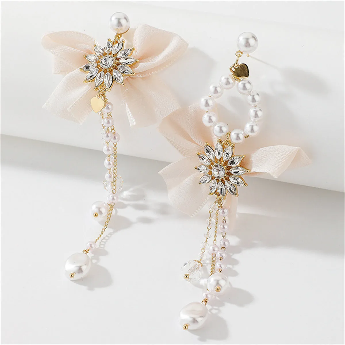 Pearl & Crystal Pearl 18K Gold-Plated Bow Flower Tassel Drop Earrings