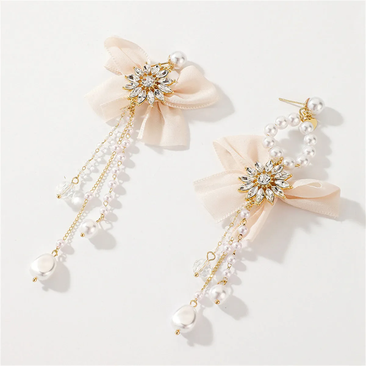 Pearl & Crystal Pearl 18K Gold-Plated Bow Flower Tassel Drop Earrings