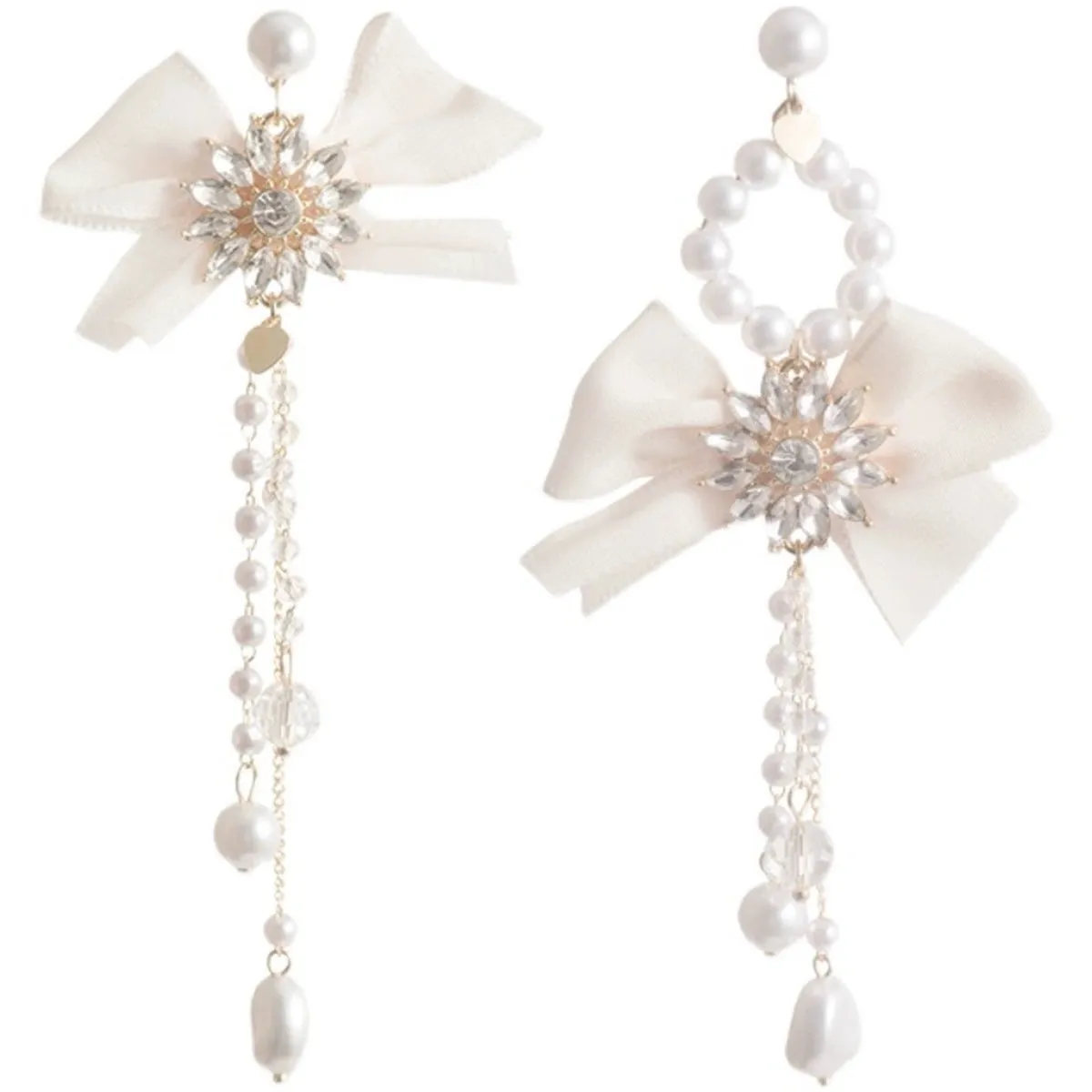 Pearl & Crystal Pearl 18K Gold-Plated Bow Flower Tassel Drop Earrings