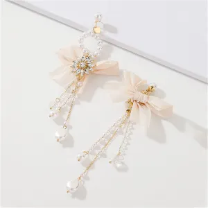 Pearl & Crystal Pearl 18K Gold-Plated Bow Flower Tassel Drop Earrings
