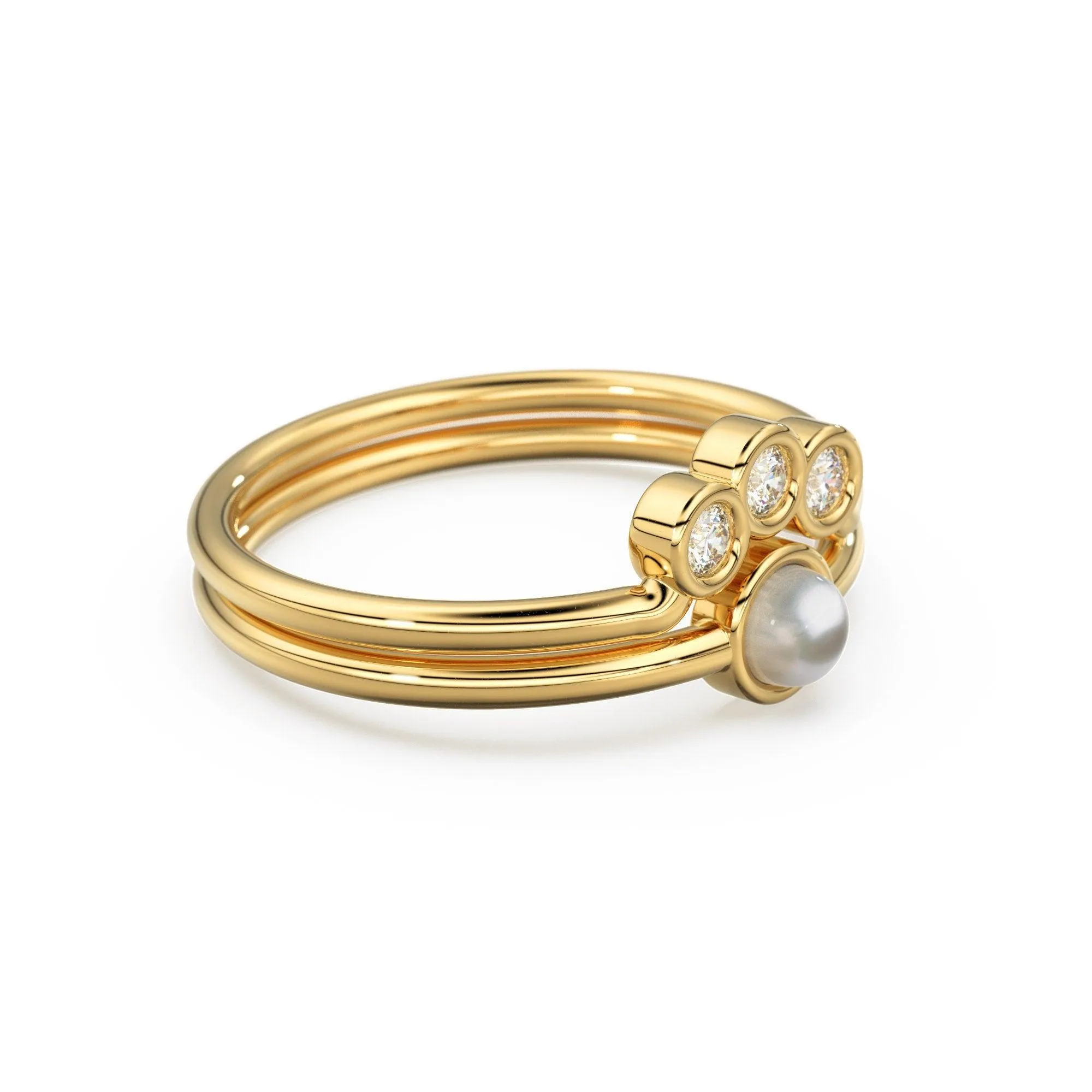 Pearl & Diamond Engagement Ring Set, Dainty Wedding Band, Pearl Solitaire Ring, Nesting Crown Band, Solid Gold Gemstone Wedding Stack Ring