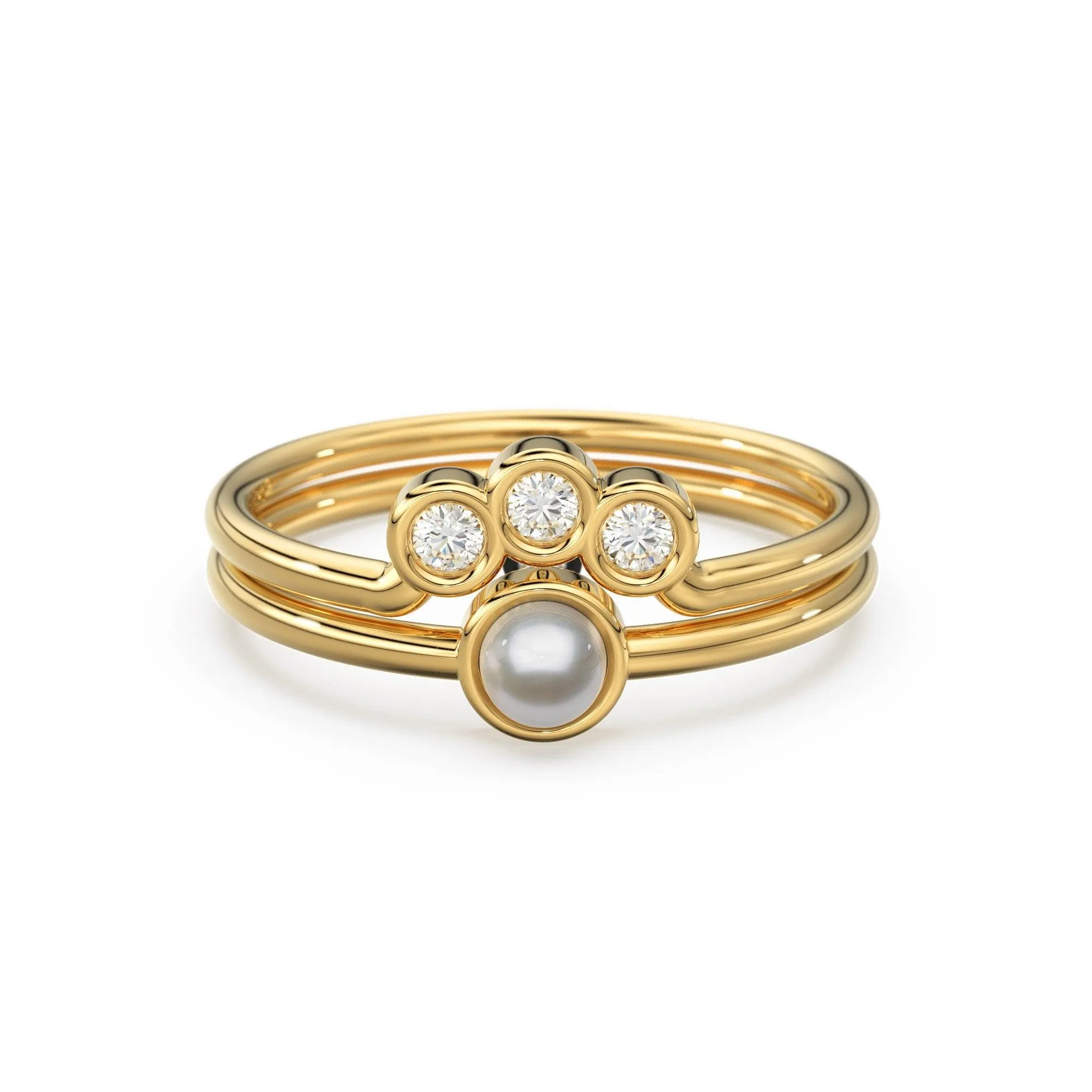 Pearl & Diamond Engagement Ring Set, Dainty Wedding Band, Pearl Solitaire Ring, Nesting Crown Band, Solid Gold Gemstone Wedding Stack Ring