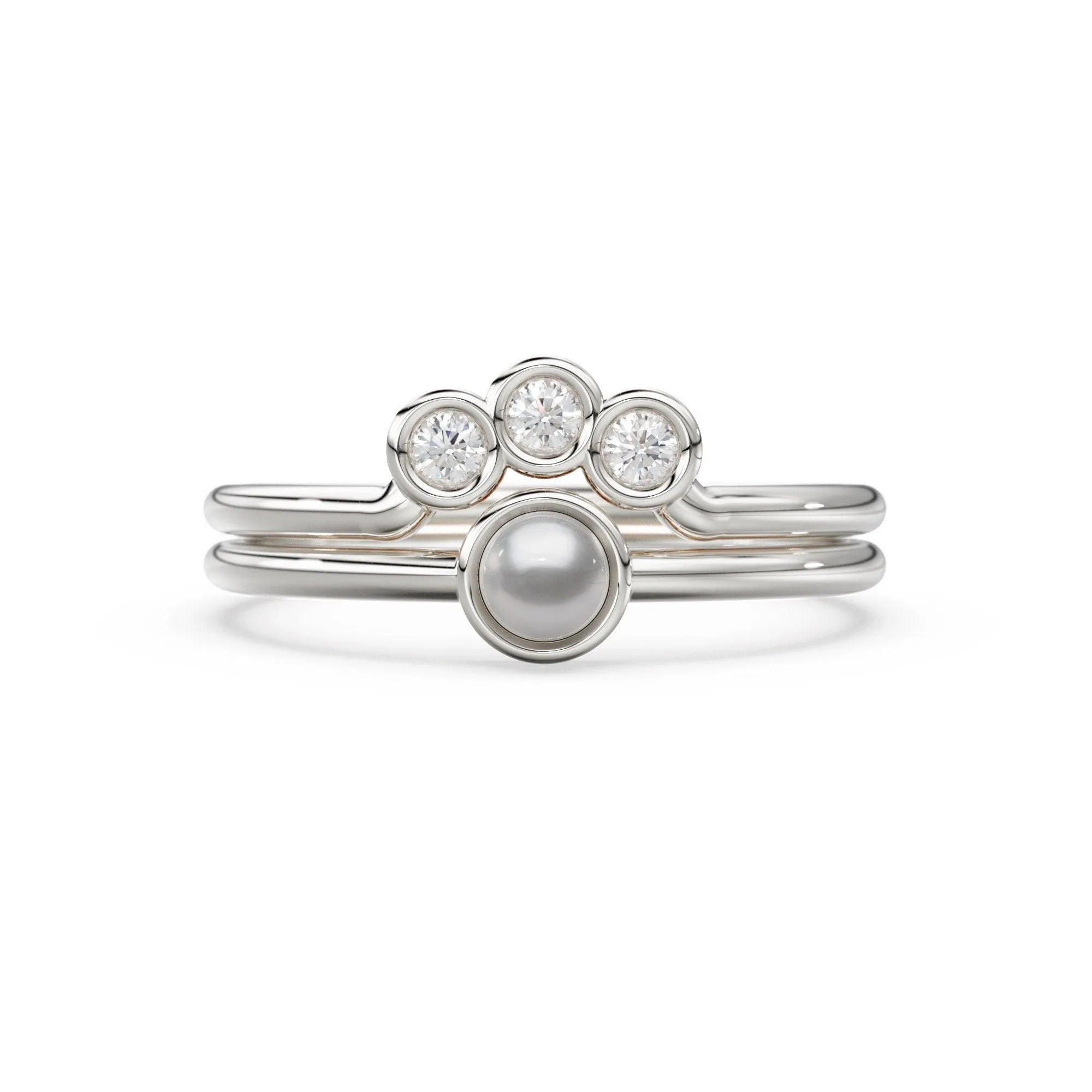 Pearl & Diamond Engagement Ring Set, Dainty Wedding Band, Pearl Solitaire Ring, Nesting Crown Band, Solid Gold Gemstone Wedding Stack Ring