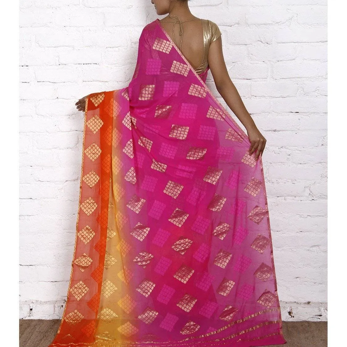 Pink & Red Georgette Saree with Zari Border