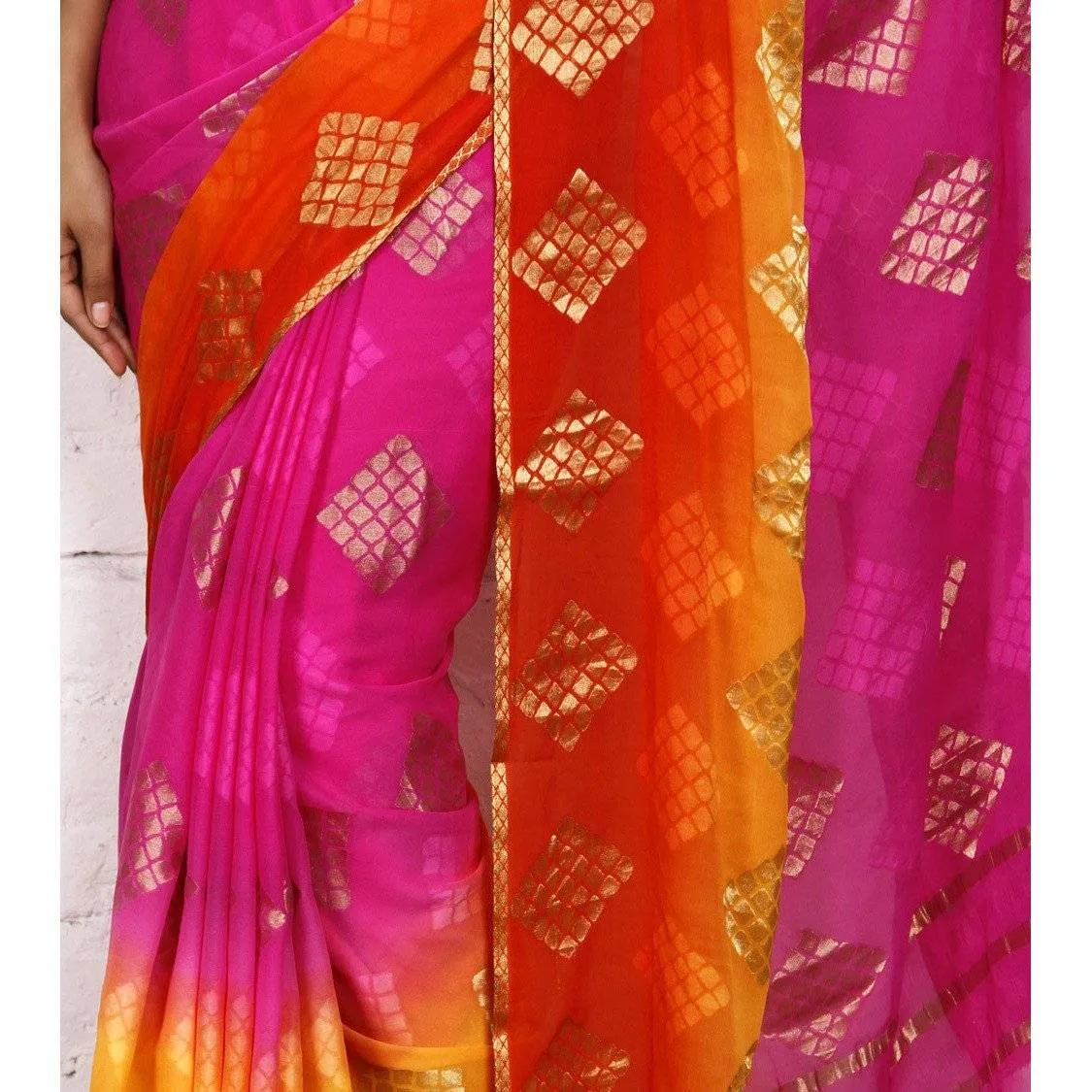 Pink & Red Georgette Saree with Zari Border