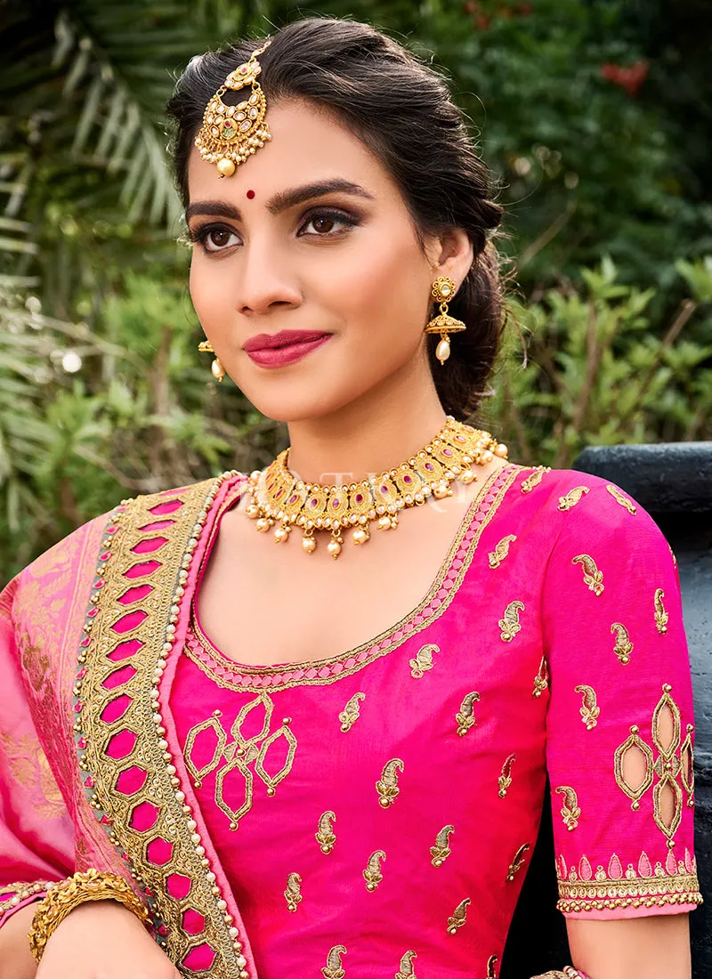 Pink And Teal Embroidered Silk Wedding Lehenga Choli