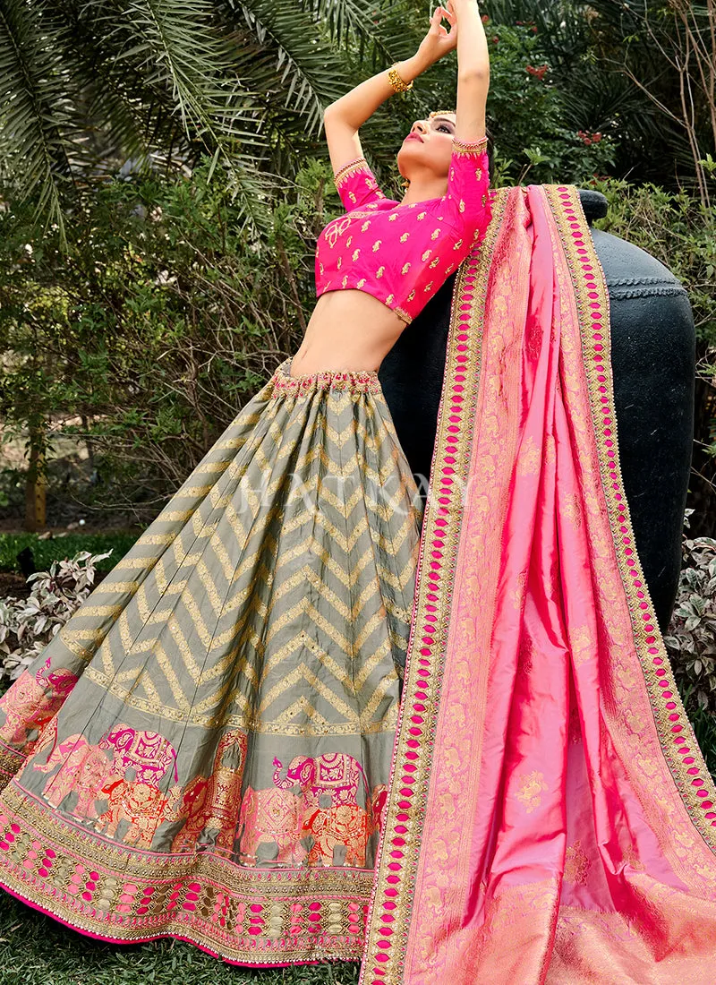 Pink And Teal Embroidered Silk Wedding Lehenga Choli