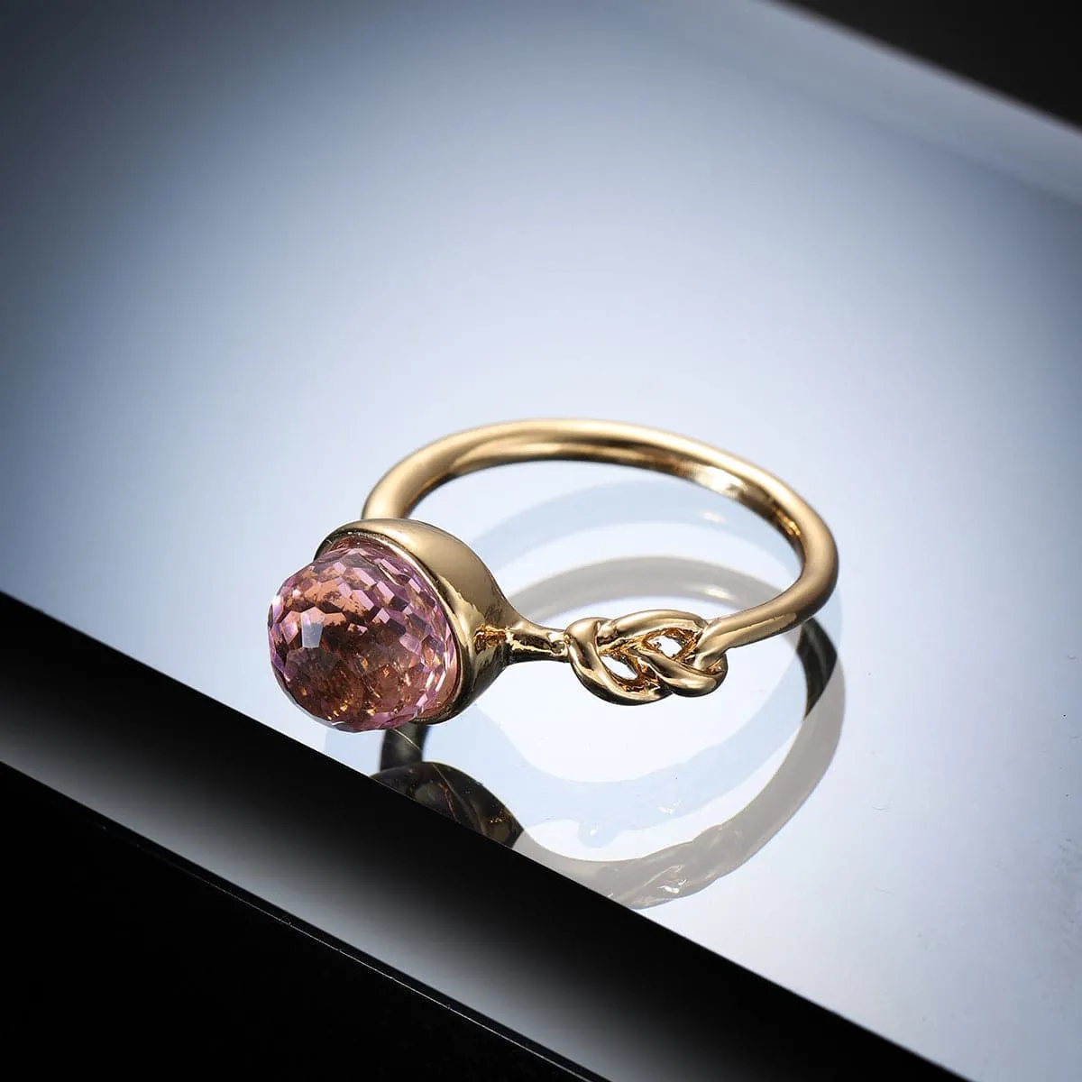 Pink Crystal & 18K Gold-Plated Knot-Accent Faceted Ring