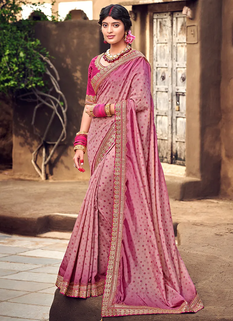 Pink Digital Prints And Soraski Work Silk Saree