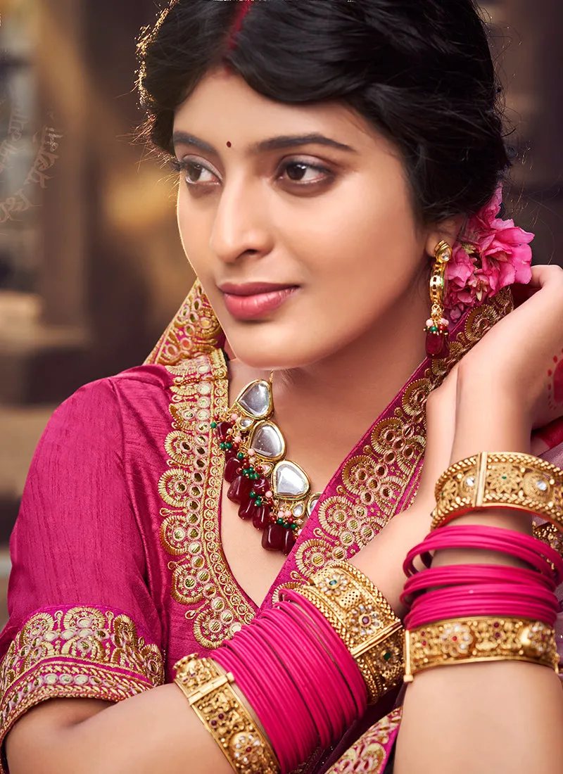 Pink Digital Prints And Soraski Work Silk Saree