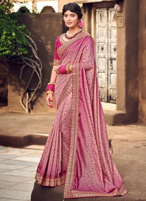 Pink Digital Prints And Soraski Work Silk Saree