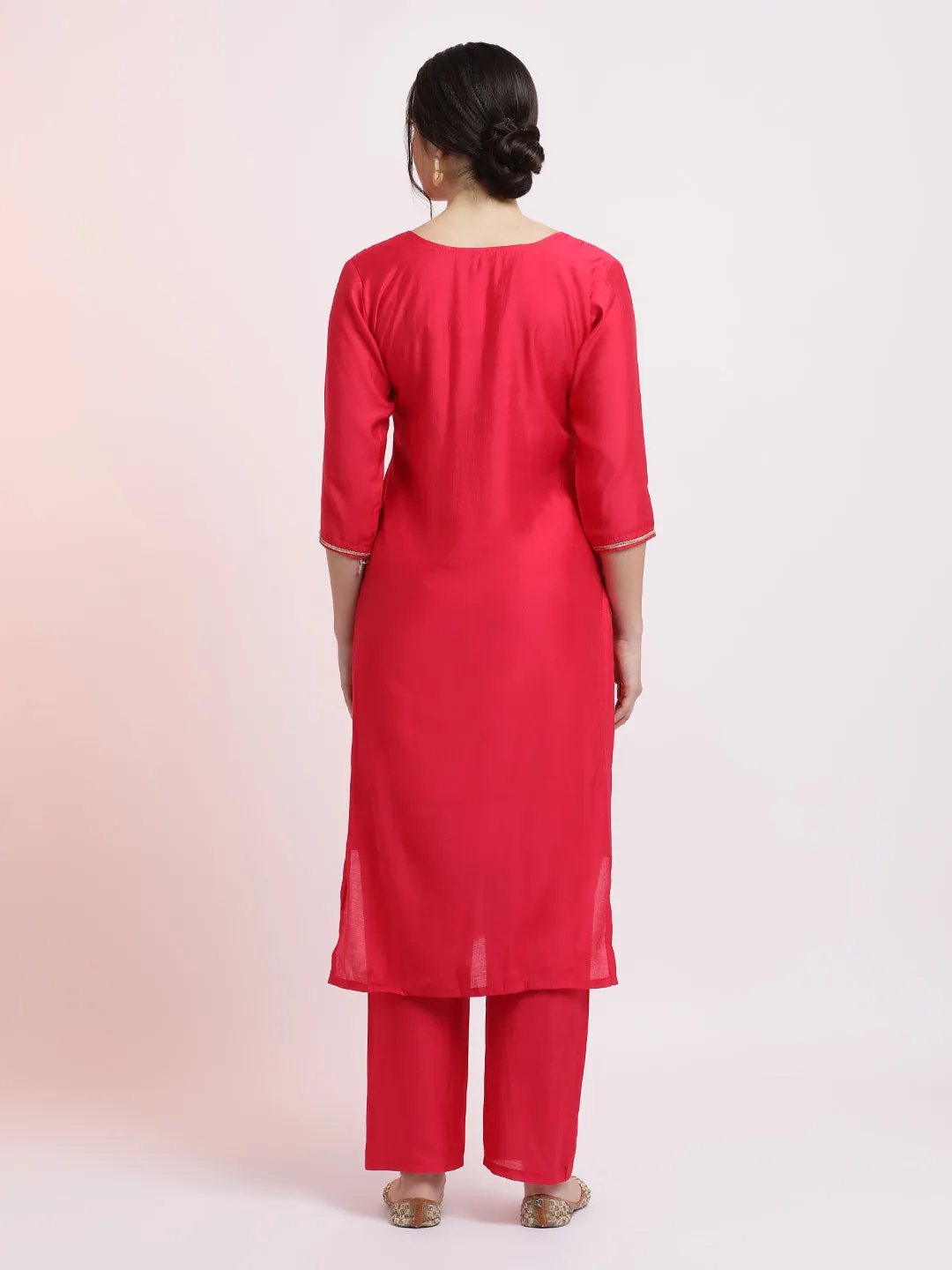 Pink Embroidered Cotton Festive Kurta Set With Dupatta