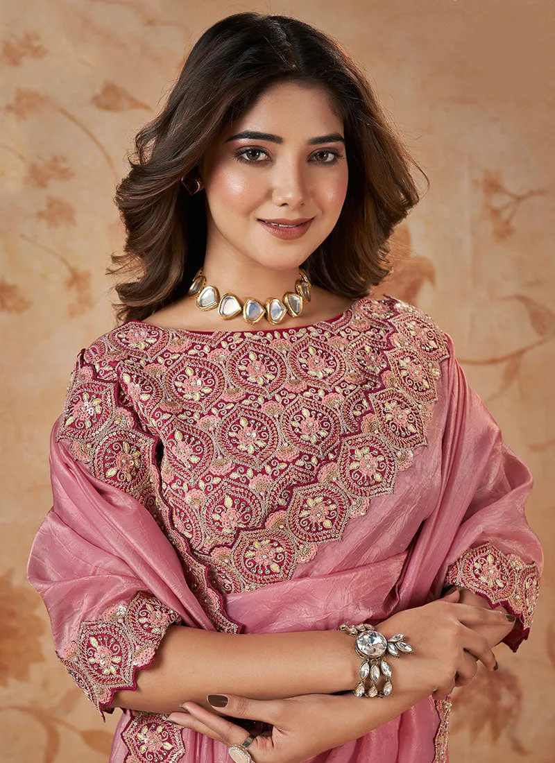 Pink Multi Sequence Embroidery Wedding Saree