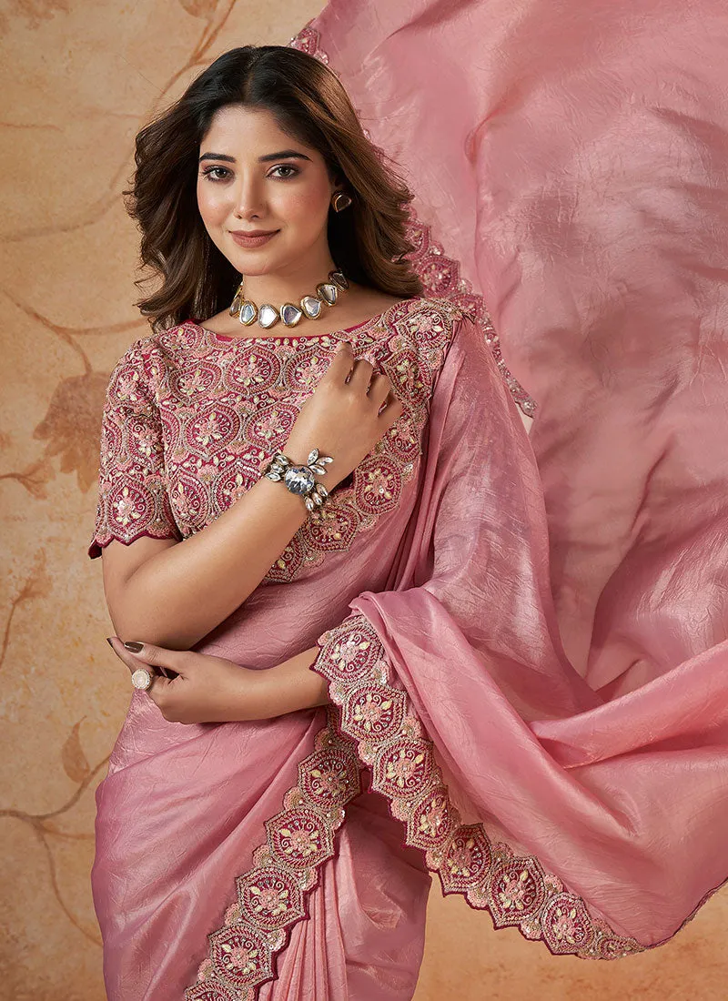 Pink Multi Sequence Embroidery Wedding Saree