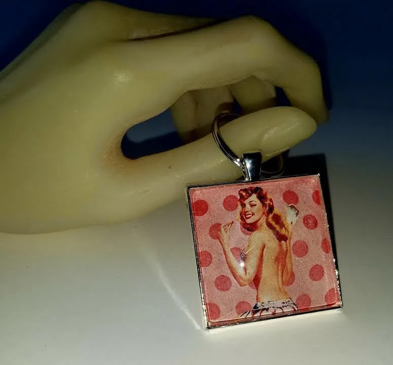 Pink Pinup Girl Cabochon Key Chain