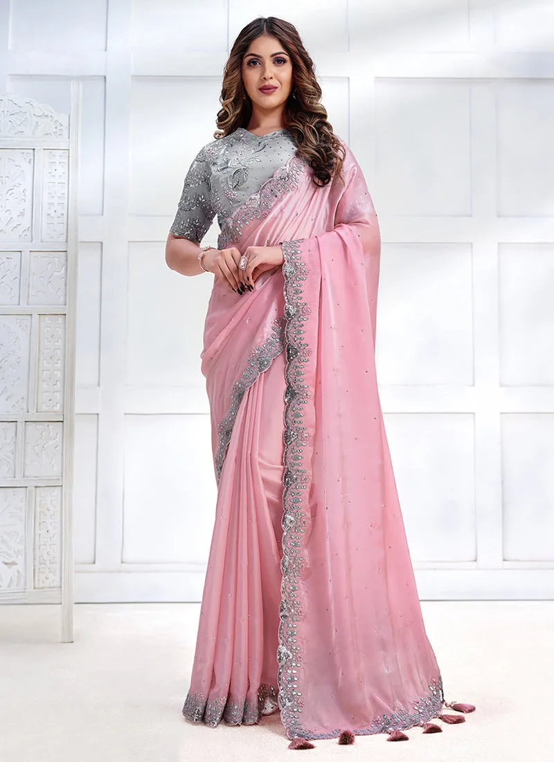 Pink Sequence Embroidery Wedding Silk Saree
