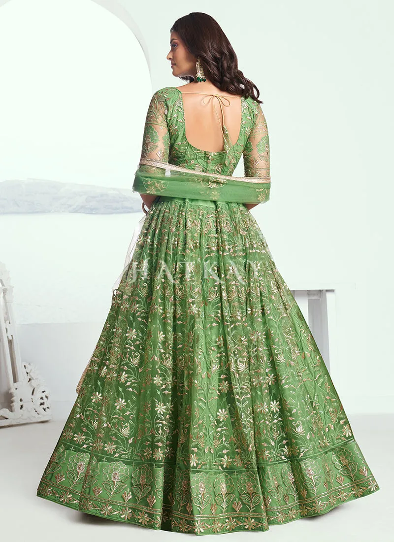 Pista Green Embroidered Party Wear Lehenga Choli