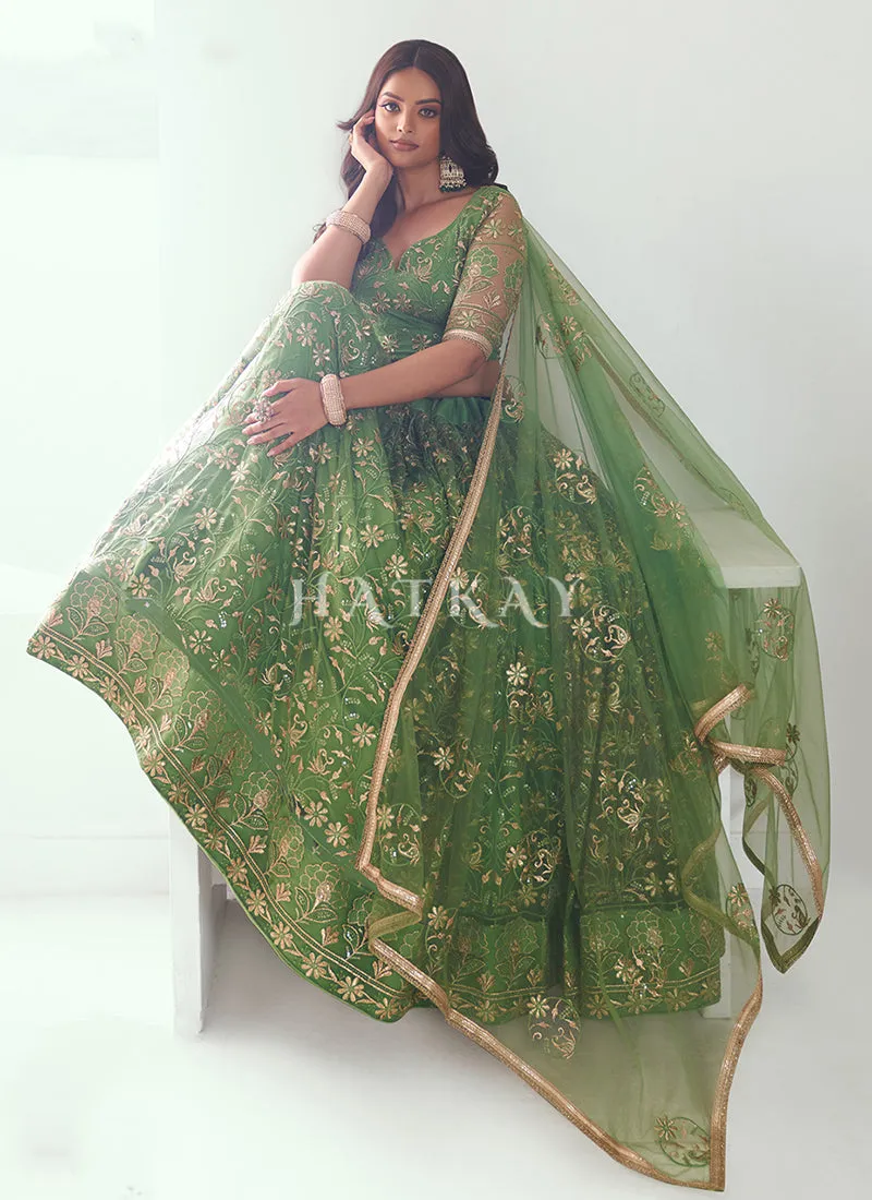 Pista Green Embroidered Party Wear Lehenga Choli