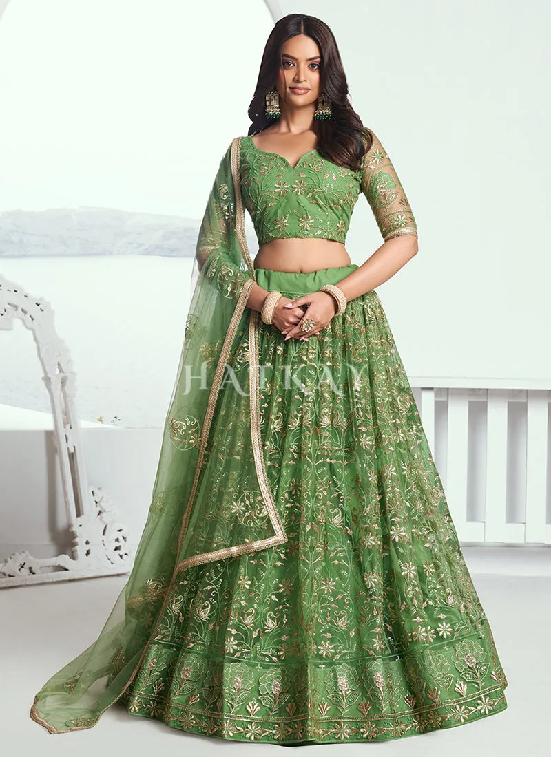 Pista Green Embroidered Party Wear Lehenga Choli