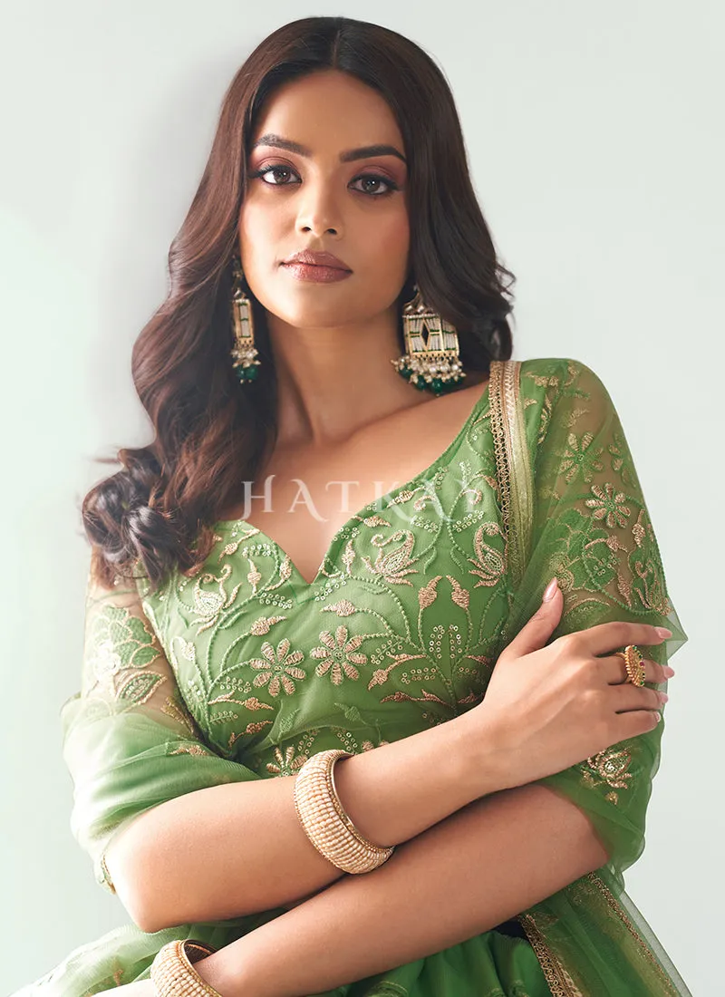 Pista Green Embroidered Party Wear Lehenga Choli