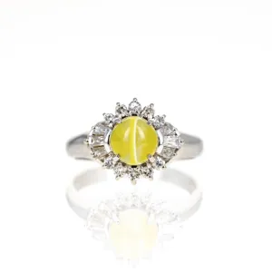 Platinum 1.57 Carat Cats Eye Chrysoberyl Diamond Halo Ring