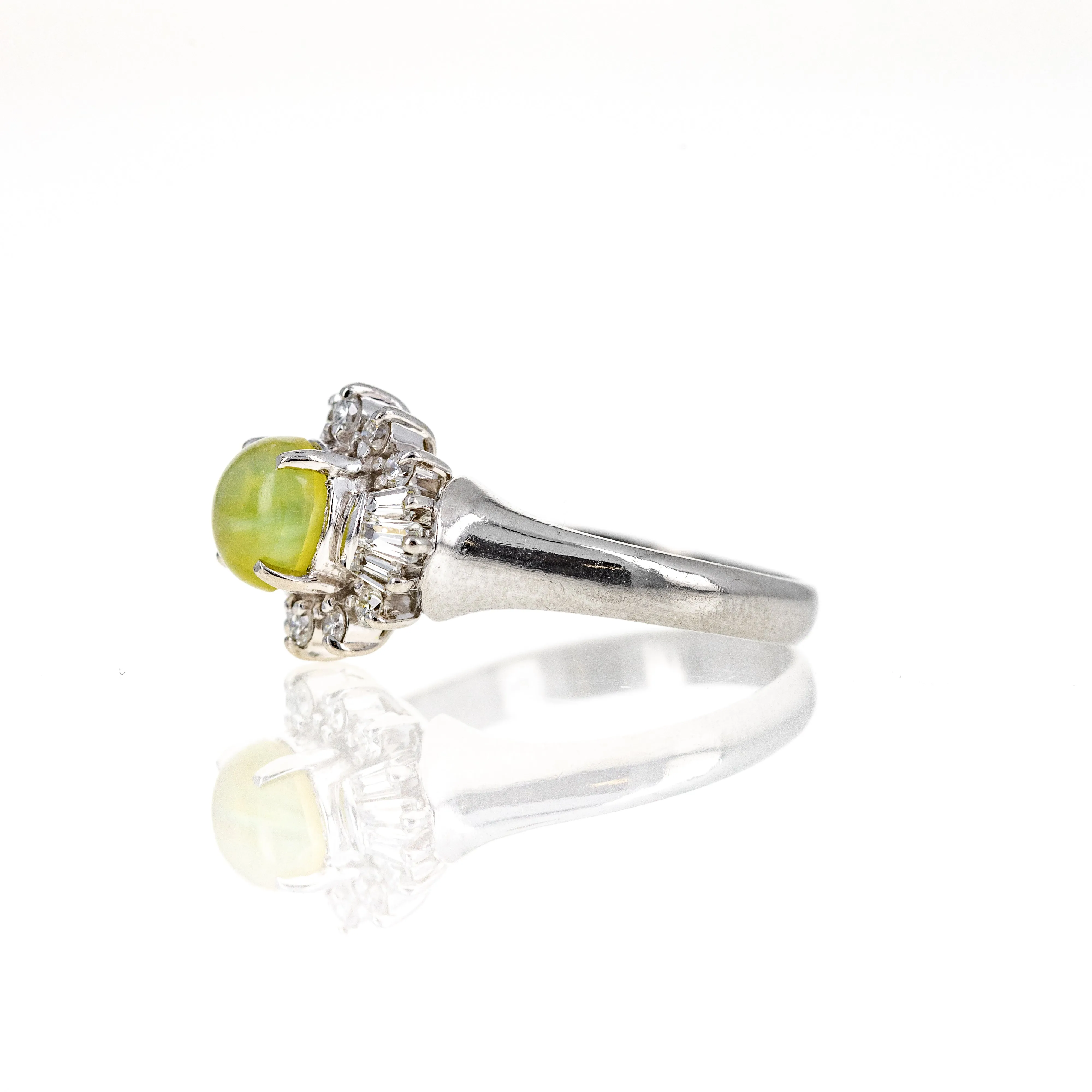 Platinum 1.57 Carat Cats Eye Chrysoberyl Diamond Halo Ring