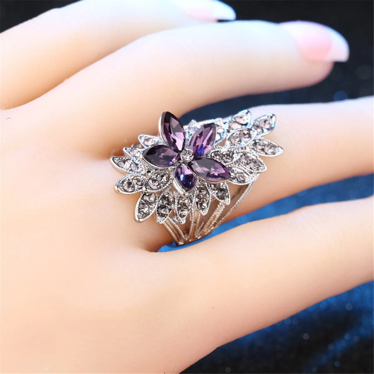 Purple Crystal & Cubic Zirconia Flower Cluster Band Ring