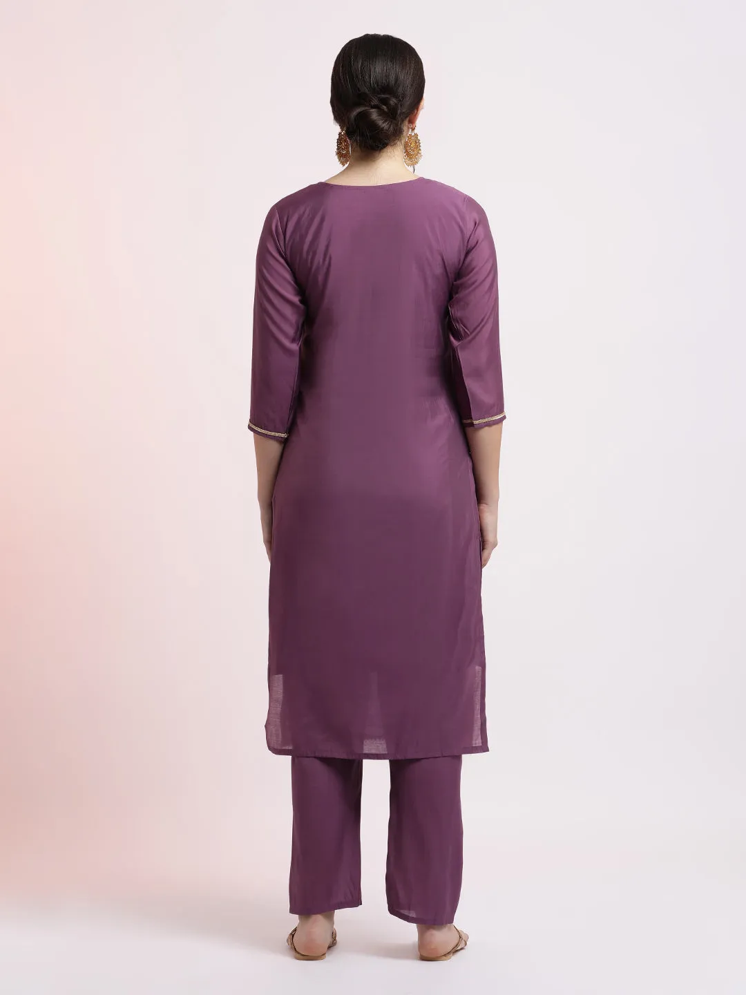 Purple Embroidered Cotton Festive Kurta Set With Dupatta