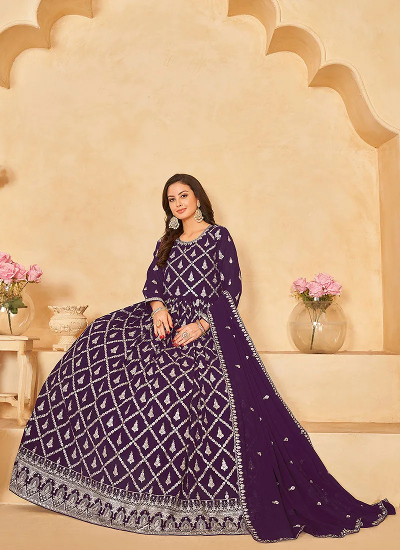 Purple Embroidered Traditional Georgette Anarkali Suit