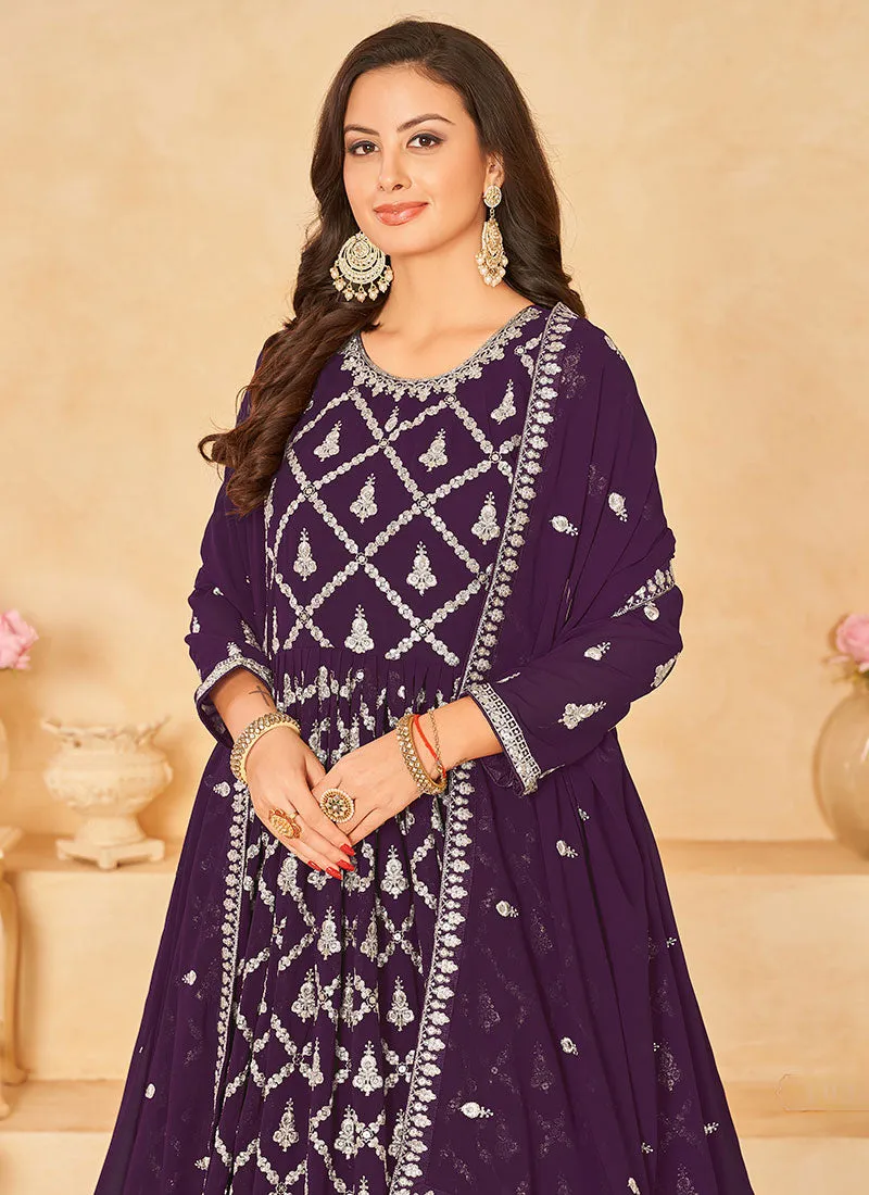 Purple Embroidered Traditional Georgette Anarkali Suit